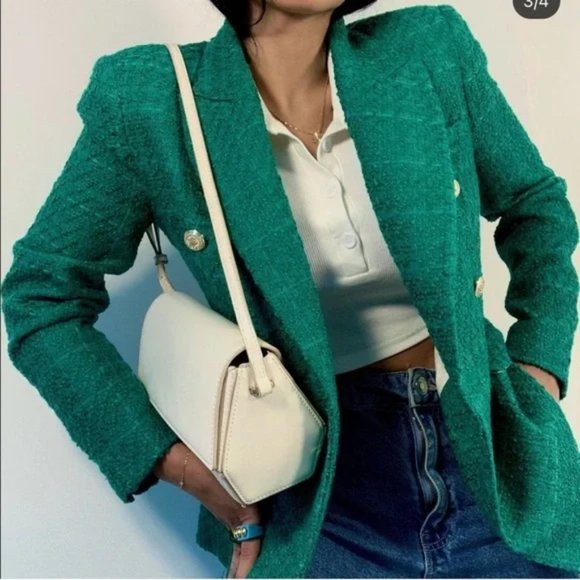 ZARA Balmain Style Double Breasted Blazer Textured Green - Picture 5 of 15